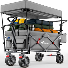 Трьохколісний візок TRESKO® Bollerwagen з дахом, кишенькою-холодильником та боковими шторками | Вантажопідйомність до 150 кг | З повного гумового покриття коліс та гальмами (передніми та задніми) та 3-точковим ременем безпеки (зелений, сірий)
