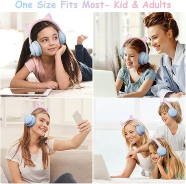 Дитячі навушники AXFEE з Bluetooth, Over-Ear з LED-підсвіткою, котячі вушка, рожево-блакитні, з мікрофоном та підтримкою Micro SD/TF для телефону/планшета/ПК