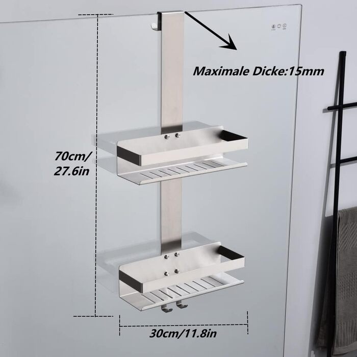 HomeHeng Hanging Shower Caddy, 2-Tier Hanging Shower Shelf Brushed Nickel, SUS304 Stainless Steel Double Shower Basket with Hooks for Glass Shower Enclosure, H30BN-2DH