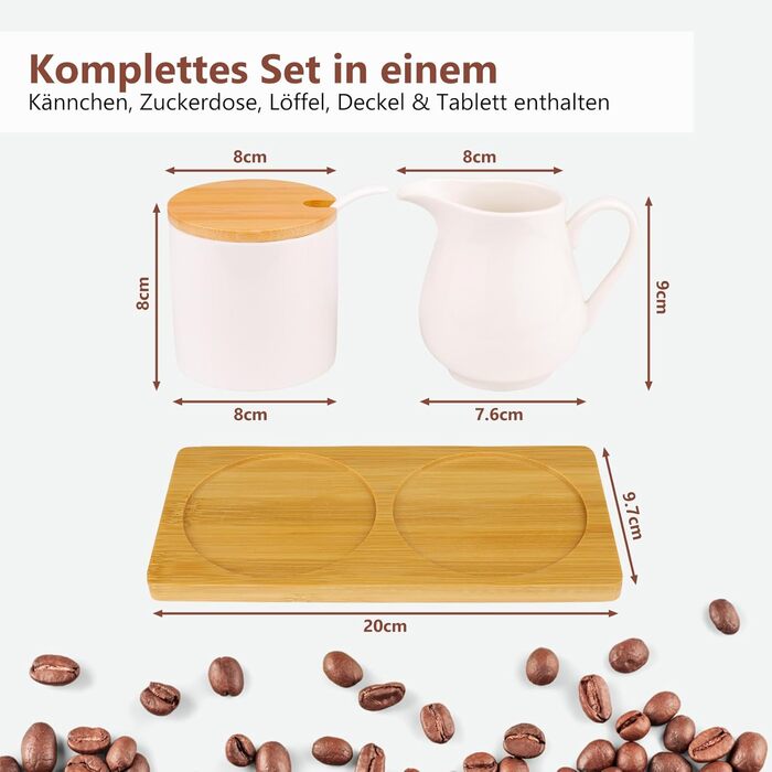 Набір для молока та цукру з кришкою та ложкою: глечик для молока з кераміки та цукорниця з дерев'яним підносом, придатний для миття в посудомийній машині та використання в мікрохвильовій печі (білий)