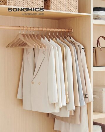 SONGMICS Wooden Clothes Hangers, 24-Piece Set, Wooden Hangers, Shoulder Indentations, Trouser Bar, Trouser Hanger, 360° Swivel Hook, for Jackets, Shirts, Coats, Natural Beige CRW010N24