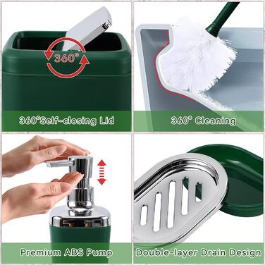 Набір аксесуарів для ванної кімнати темно-зеленого кольору (24 предмети): душовий завіс, килимки, відро, тримач для зубних щіток, миска, дозатор мила, піднос, мильниця, щітка для унітазу, тримач для ватних паличок