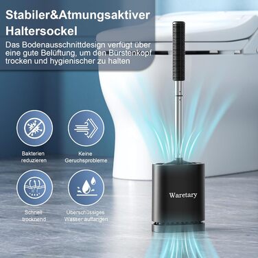 Щітка для унітазу Waretary з силіконовою щетиною та тримачем з нержавіючої сталі, гнучкий наконечник для глибокого очищення, швидковисихаюча, для кріплення на стіні або встановлення на підлогу, чорний