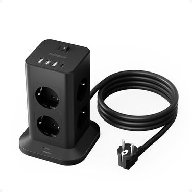 Мережевий фільтр TESSAN 8 розеток з 2 USB-C, захист від перенапруги, 2 метри кабелю, 3600W, сірий/білий