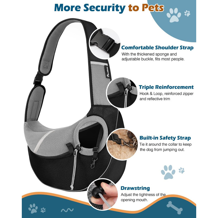 Pawaboo Сумка-переноска для собак, оновлена модель з кишенею для телефону, регульована, чорна, S