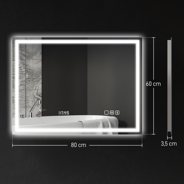 Дзеркало для ванної кімнати HOMCOM з підсвіткою 80x60 см, LED, з Bluetooth, функцією пам'яті, годинником, 3 кольорами світла, запобігає запотіванню, сенсорне управління, сріблястий | Aosom