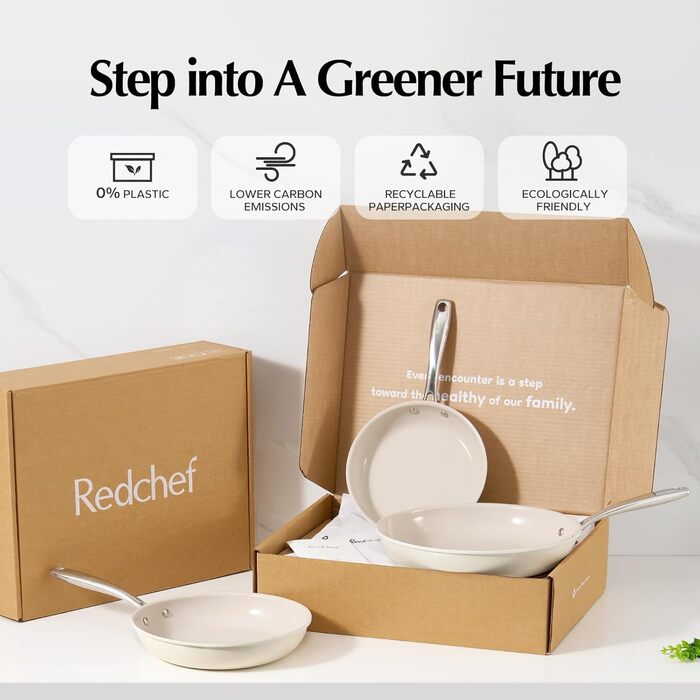 Redchef Non-Stick Frying Pan Set, Ceramic Frying Pan Set, 8, 9.5, 11 inch, Non-Toxic Pans for Cooking, 8.0-10.9 inch Ceramic Fry Pan Set, PFAS, PTFE, and PFOA Free, with Stainless Steel Handle, 8+9.5+11 inch Beige