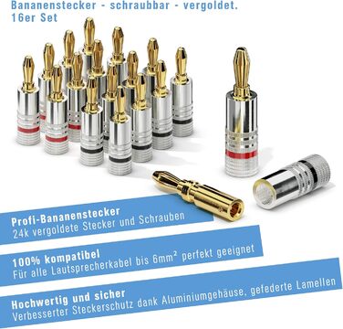 Набір банан-штекерів Sonero S-SC000-16 (16 шт.), 24K Gold, для акустичних кабелів до 6 мм², з кольоровим кодуванням (8x червоний, 8x чорний)