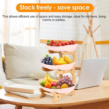 DEECOZY Трирівнева етажерка для фруктів та овочів з бамбуковим підставкою, пластикова фруктова миска, економія місця, для сім'ї, сучасний дизайн (Білий, Бежевий)