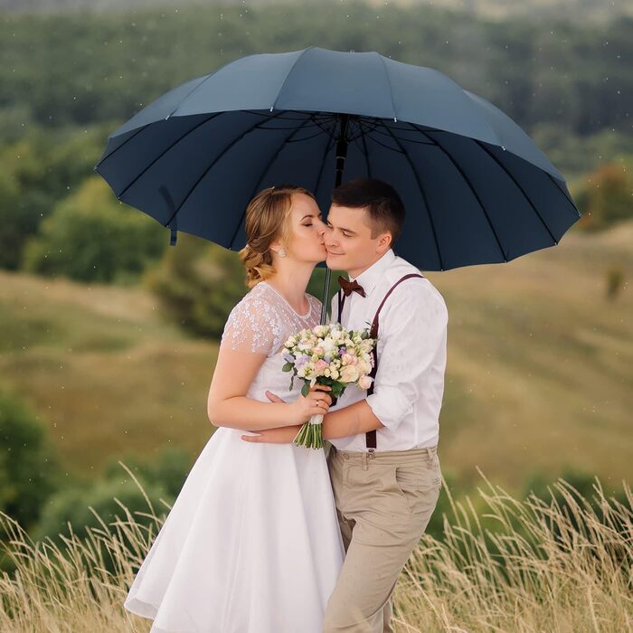 NINEMAX Large Windproof Umbrella - Wooden Handle Walking Umbrella for Men & Women - 16 Ribs Automatic Open - 2 Person Capacity (Navy Blue)