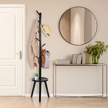 Yawinhe Coat Rack, Solid Wood Clothes Rack, Tree-Shaped Coat Stand with Anti-Slip Pad and Side Table, 8 Hooks, 3 Adjustable Heights, 182cm Height, for Entrances, Living Rooms, Black