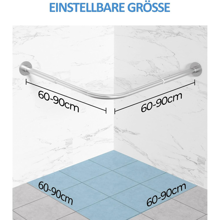 Регульована штанга для душу L-подібної форми, 60-134 см, з кріпленням для штори та підставкою для стелі, для ванни/ванної кімнати, срібна