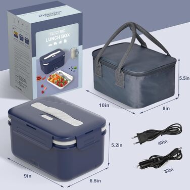 Електрична ланчбокс 100W для дорослих, 3-в-1, 12/24/220V з термоізоляцією, Besteck та ізольованою сумкою, 1.8L, для авто, офісу, синій