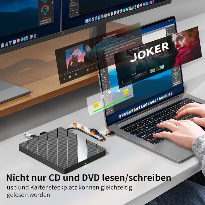 Зовнішній DVD-привід Alxum USB-C 3.0 та USB: CD/DVD плеєр і записувач для ноутбука з картридером SD/TF та додатковим USB-портом, Plug & Play, чорний