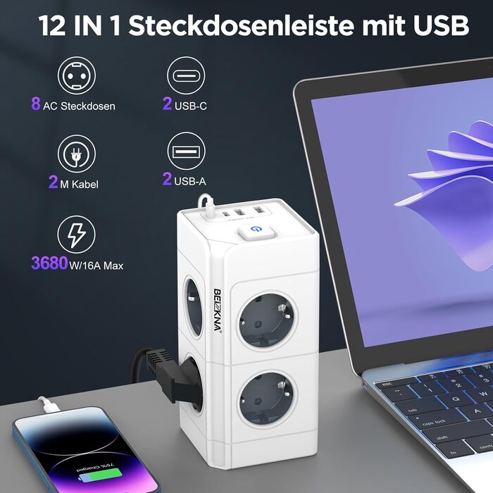 Мережевий фільтр з 4 розетками та 4 USB-портами, настінний, 4000W, 16A, з перетворювачем напруги, білий