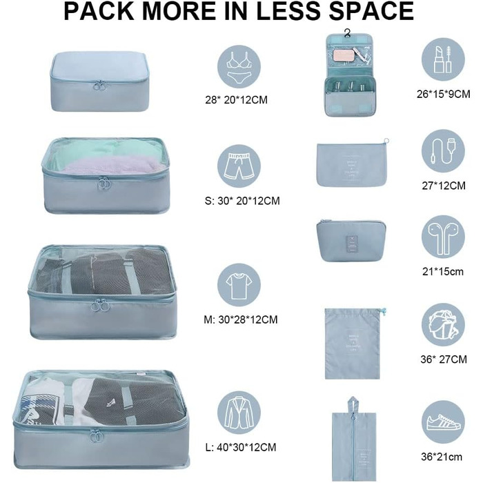Органайзер для валізи OSDUE, набір 9 шт., Packing Cubes, водонепроникні сумки для одягу, сумки для пакування, косметичка, кишеня для USB-кабелів (Бежевий)