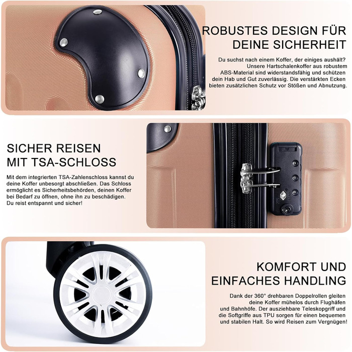 Набір валіз 3er - міцні валізи з ABS-корпусом, TSA-замок, розширюваний об'єм - M, L, XL, захист кутів, 360° колеса, телескопічна ручка, підходить для ручної поклажі & можна складати (персиковий)