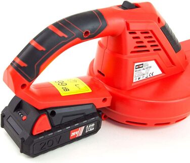 Grafner cordless leaf blower with 20-volt lithium-ion battery and quick charger, 200 km/h blowing speed, anti-vibration handle, compact and handy design, powerful airflow in red