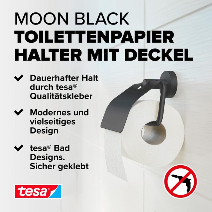 Тримач для туалетного паперу tesa Moon Black з кришкою, матовий чорний, настінний без свердління, з клеєм, 53x140x128 мм