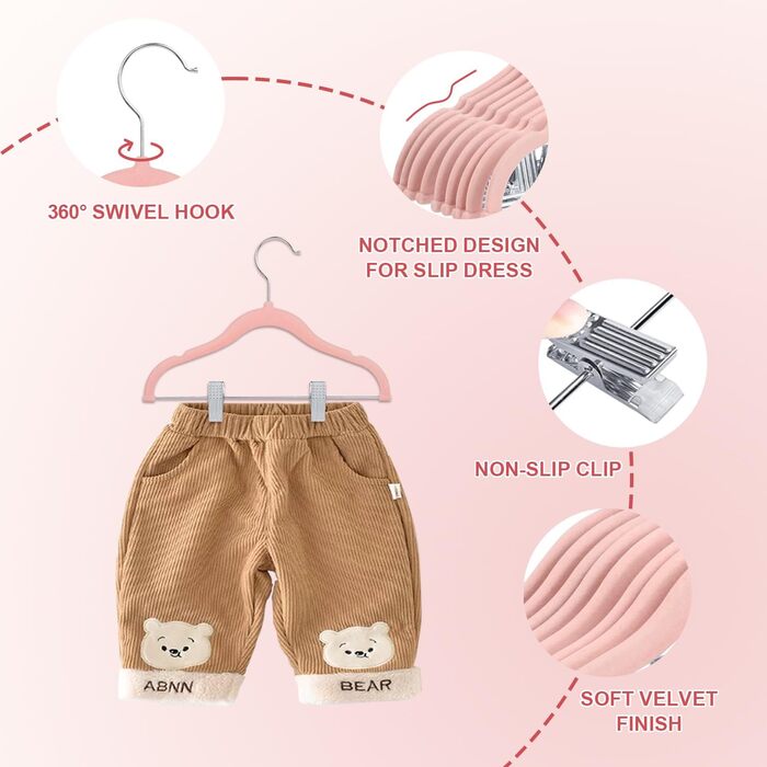 24 шт. велюрові дитячі вішалки для одягу з кліпсами, рожеві - стандартний гачок