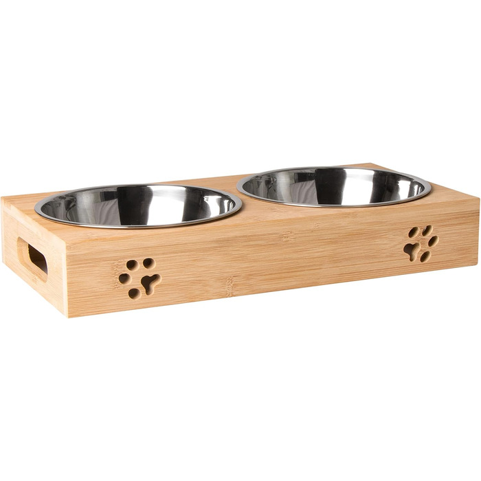 Слюсарка для кормів для домашніх тварин LAUBLUST - підставка для мисок з бамбуку, 2 нержавіючі миски | Миски для корму для собак та котів (приблизно 49 x 26 x 7 см | XL)