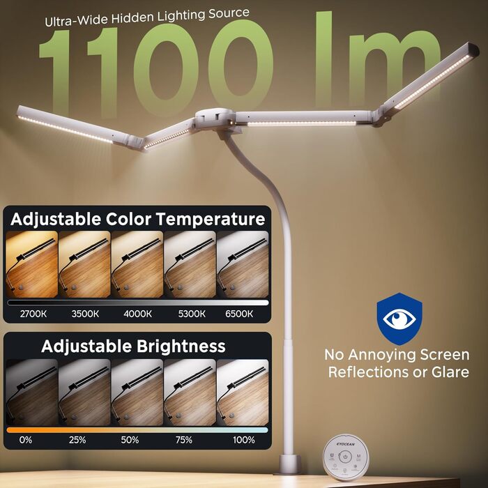 Лампа настільна EYOCEAN з 4 джерелами світла, 24W, 100см, денне світло, з пультом, регульована яскравість, для офісу та дому, захист очей, з шийним гнучким кріпленням