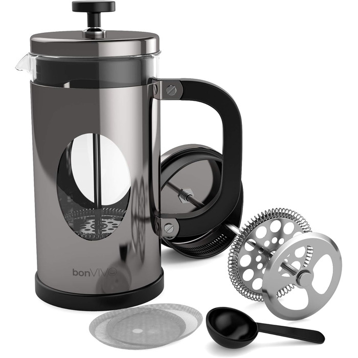 bonVIVO GAZETARO French Press - кавоварка френч-прес з нержавіючої сталі, скляна колба, 8 чашок (срібло)