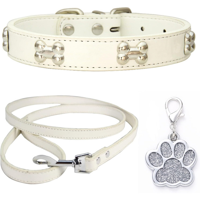 Нашийник для собак з натуральної шкіри та поводок-комбінований набір. Регульований нашийник для цуценят та собак маленьких та середніх порід. Білий, XS, S, M