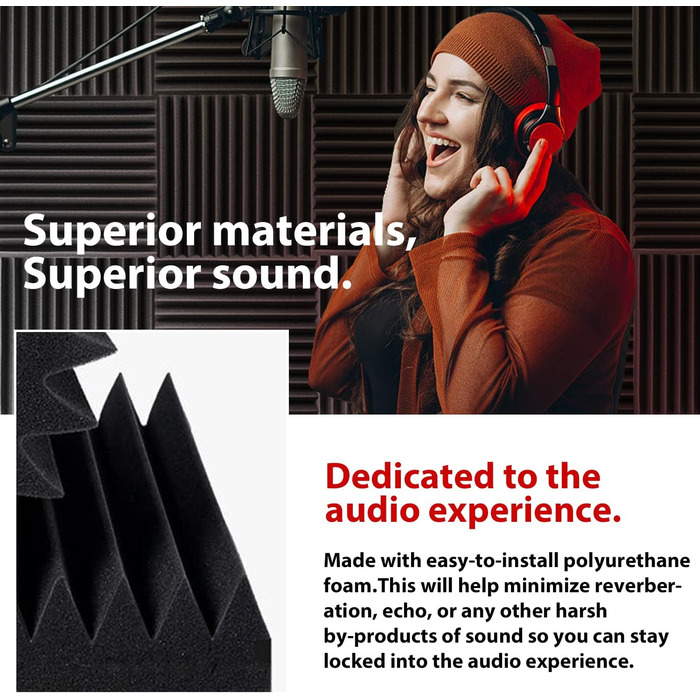 Акустичний поролон Foneso для звукоізоляції, панелі-поглиначі шуму 30x30x5 см, висока щільність 25кг/м³, 3D шумопоглинаючі плити для студії, офісу та кімнати запису, чорний (52 шт, з клейкою стрічкою)