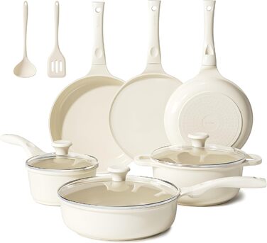 Набір посуду Redchef: 11-ти частинний набір каструль та сковорідок з керамічним покриттям, індукційний, PTFE-free, PFAS-free, для всіх типів плит, безпечний, миється в посудомийній машині (Бежевий)