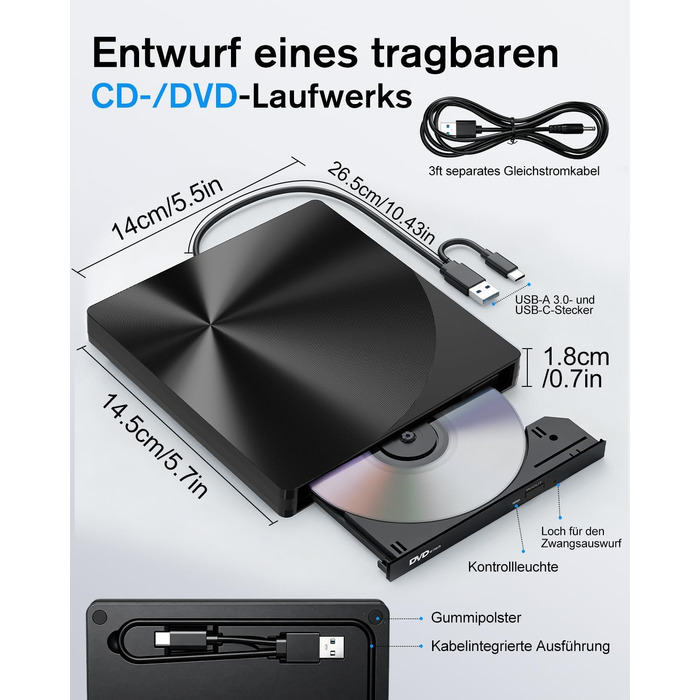 Зовнішній USB 3.0 та USB-C CD/DVD привід varkda для ноутбука та ПК, портативний DVD-плеєр та записник (RW/ROM), сумісний з Windows, macOS, Linux, чорний