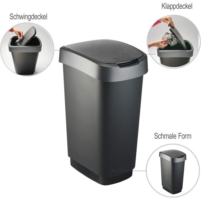 Відро для сміття Rotho Twist 25л з кришкою, пластик (PP), BPA-free, чорний/сріблястий, 25л