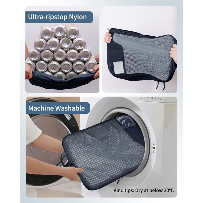 Органайзери для валізи ECOHUB, набір 4 шт. з мітками, екологічні, для рюкзака та валізи, з міцною сіткою, тревел-органайзер (зелений, темно-синій)