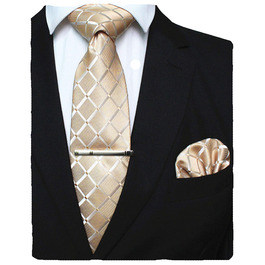 Чоловіча краватка та хустинка до костюма JEMYGINS в клітку, колір шампань, з затискачем для краватки