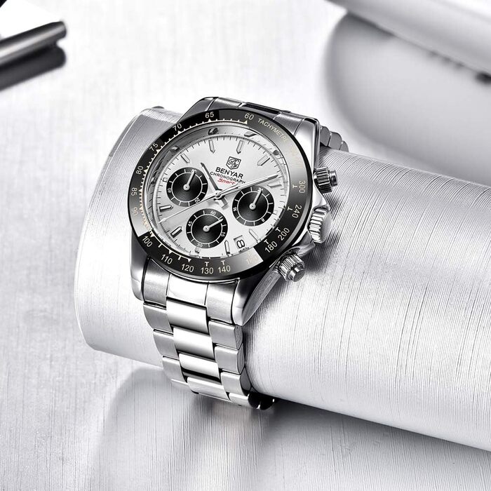 Чоловічий годинник BENYAR: Хронограф, кварцовий механізм, водонепроникний, з нержавіючої сталі, білий та чорний колір