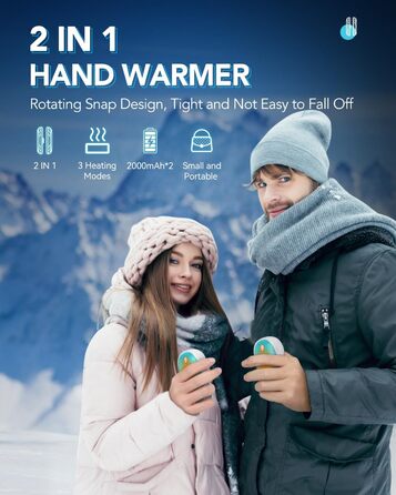 Електричні грілки для рук Cnkeeo, 2 шт. з роздільним магнітним з'єднанням, Powerbank USB, 3 режими нагріву, для активного відпочинку, риболовлі, полювання, чорно-білі (блакитні)