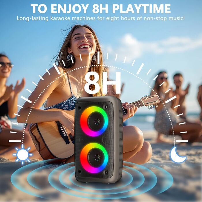 Караоке машина нового покоління 2025 | Система караоке з 2 мікрофонами, Bluetooth, FM, AUX, USB, підтримка TV/Smartphone/iPad | Для вечірок, дня народження, подорожей (Чорний, багатобарвний)