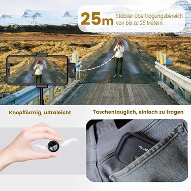 Мікрофон 2-в-1 для iPhone та Android з шумозаглушенням, кейс на 40 годин, магнітна застібка та кріплення для інтерв'ю, жовтий, 25 метрів