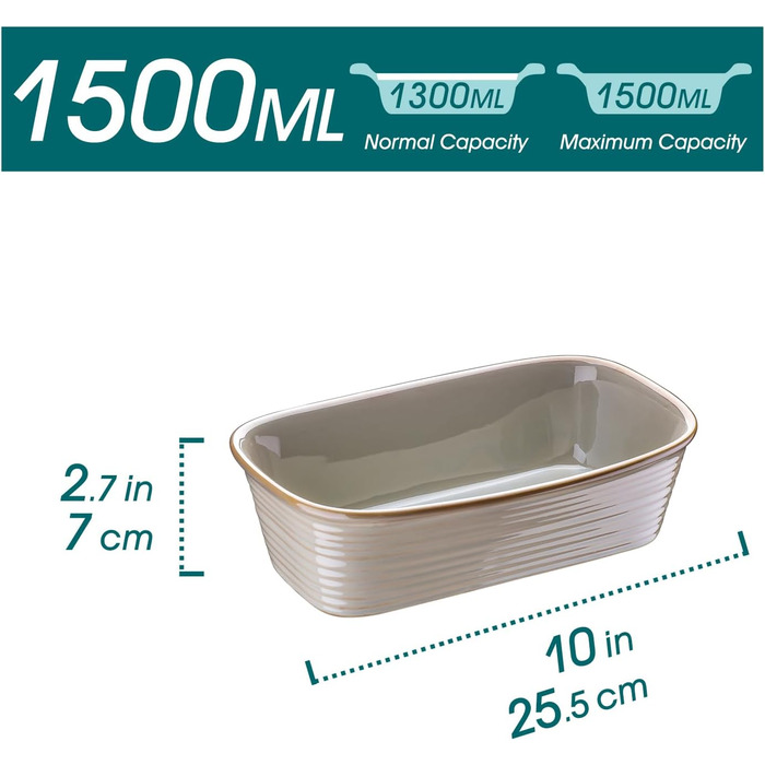 Casserole dish, PRESTI vancasso baking dish made of stoneware, 1-piece rectangular lasagna dish baking dish for bread, lasagna, pizza cake