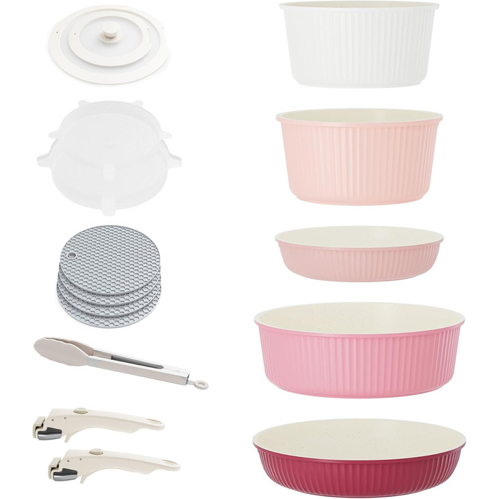 RIOVARM Induction Cookware Set with Removable Handles - Nonstick Granite Stackable Pots and Pans Set with Silicone Lids - PFOA Free Cookware Set - Pink