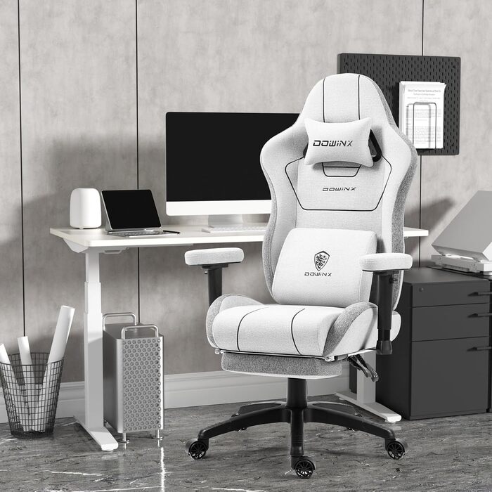 Ігровий крісло Dowinx з тканини, ергономічний геймерський крісло з м'якими підлокітниками, стабільний ігровий та офісний крісло для тривалого сидіння (Сірий)