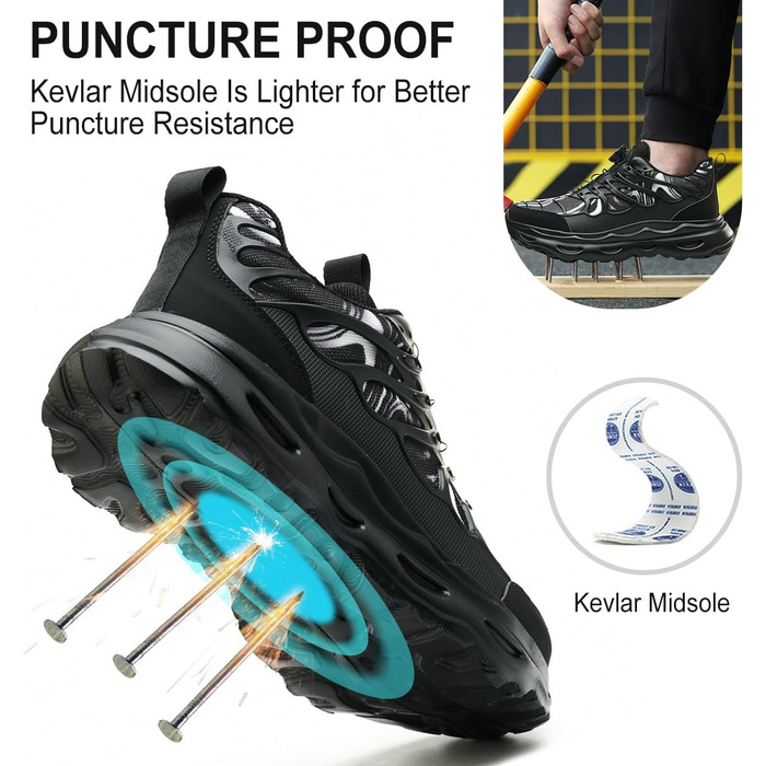 Черевики безпеки для чоловіків та жінок. Робочі черевики зі сталевим підноском. Легкі, спортивні, антипрокольні, чорного кольору (38-42 EU)
