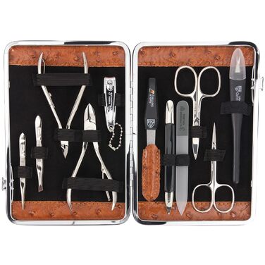 Набір для манікюру DREI SCHWERTER 'Fano' - 11 предметів (ніж для нігтів, щипчики, ножиці) у стабільному етою - колір коньяк/штучний шовк