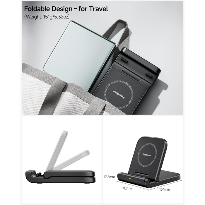 Бездротова зарядка SwanScout для Samsung Galaxy Z Flip 7/7 FE, 6/5/4/3 та Moto Razr 60/50/40 (Ultra), SwanScout 501S (чорний)