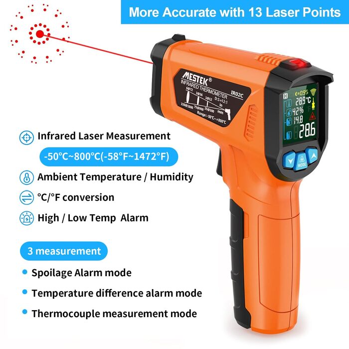 Інфрачервоний термометр MESTEK з лазерним цілевказівником та K-зондом (-50°C ~ 800°C) - безконтактний вимірювач температури з LCD дисплеєм, сигналом тривоги та регулюванням коефіцієнта випромінювання для кухні (Orange)