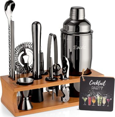 750ml Stainless Steel Cocktail Shaker Set with Bamboo Stand & Recipe Book - 17 Piece Bar Set for Bartenders, Gifts for Women
