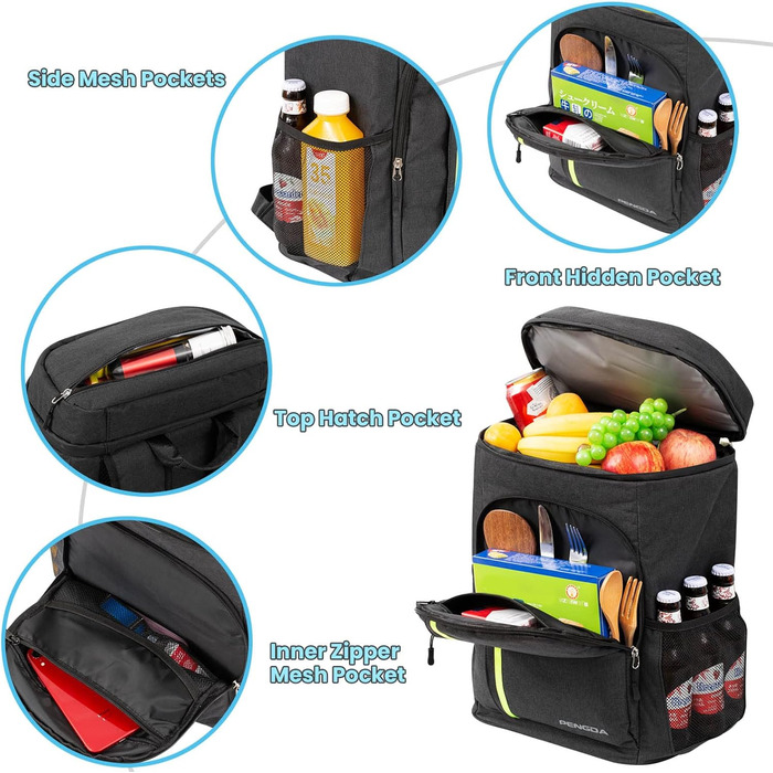 Рюкзак-холодильник PENGDA 30L - ізольований рюкзак для пікніка, кемпінгу, BBQ та подорожей. Чорний.