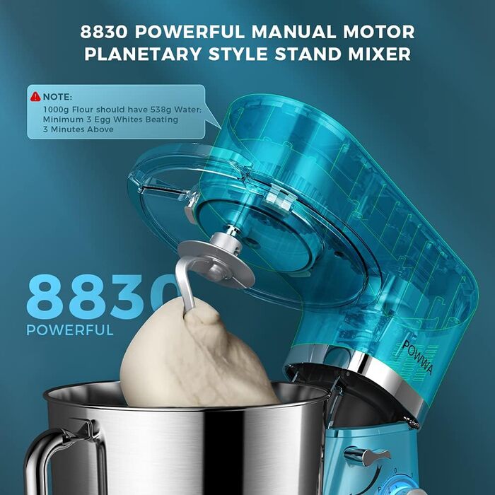 Міксер кухонний POWWA 6.2L: планетарний міксер, 6+1 швидкість, 1500W, з набором насадок (для випічки, тіста, кремів) - блакитний