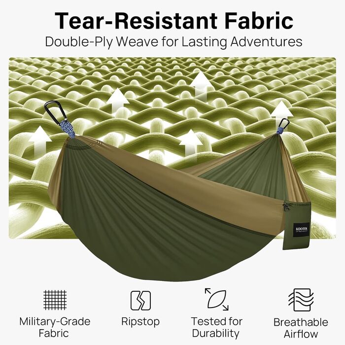 Гамак для кемпінгу Kootek, 227 кг, з ременями та сумкою, для відпочинку на природі, подорожей, пляжу, хайкінгу, оливковий & темно-хакі, великий