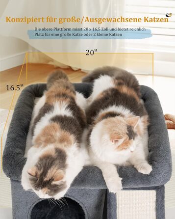 Aechonow Cat Tree for Large Cats - Stable, Cat Tree with Large Lying Area (51x41cm), 3-Tier Cat Cave Bed for Indoor Adult Cats, Dark Grey